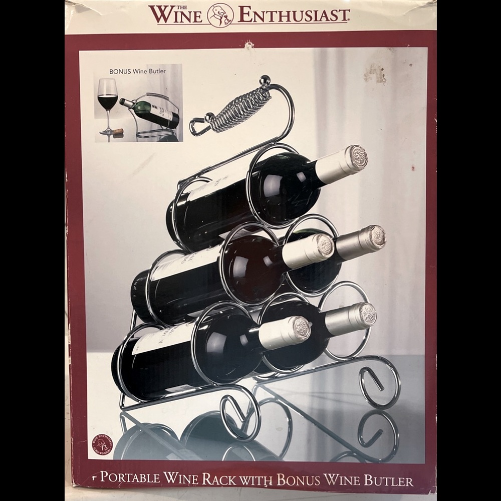 Wine Enthusiast PORTABLE Wine Rack 6 Bottle +BONUS Wine Butler  Proper Angle NEW